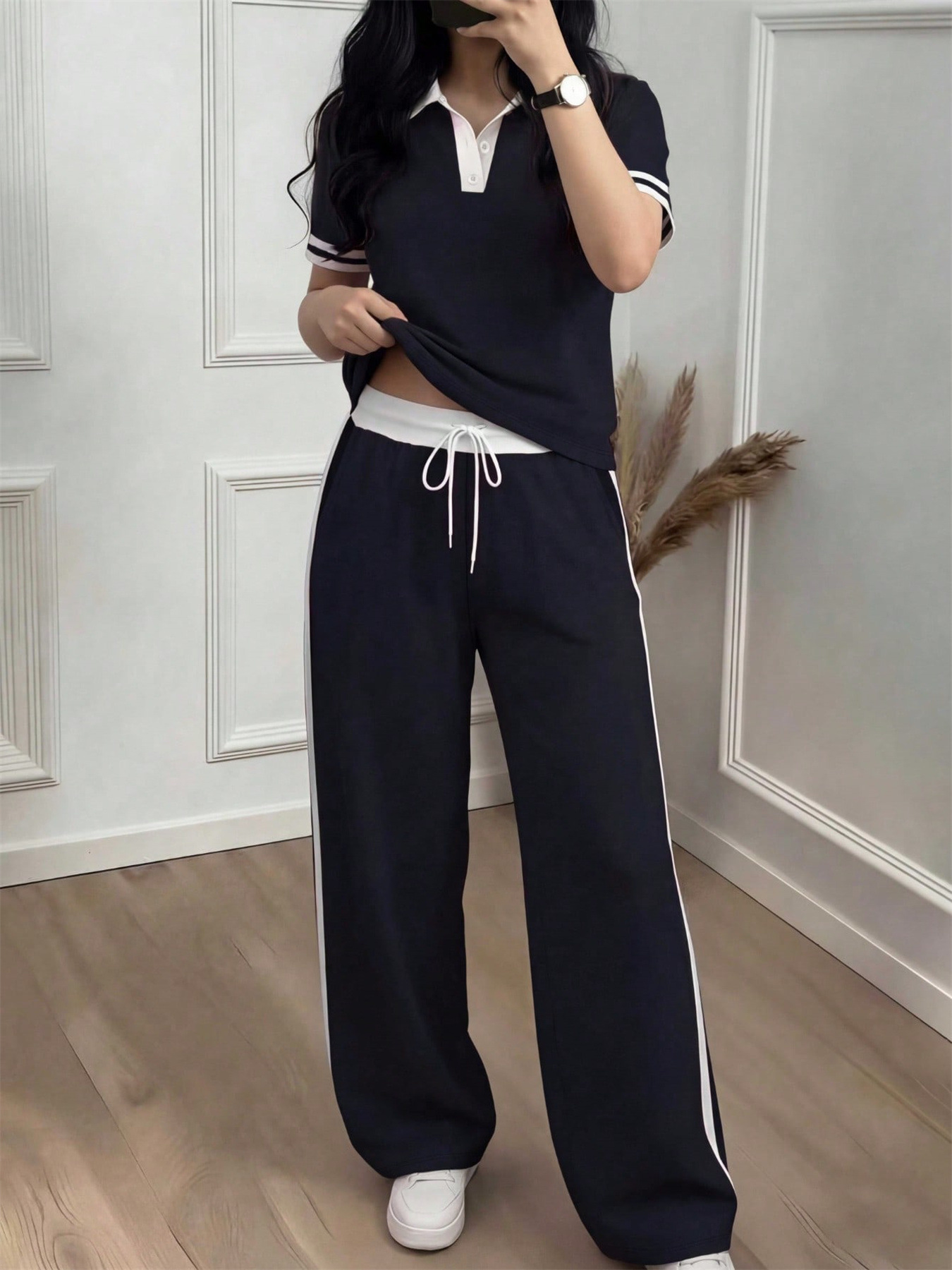 Women's Casual Color Block Polo Neck Top with Striped High-Waisted Drawstring Trousers Set Comfortable Summer Pant Set_ecoleips.com