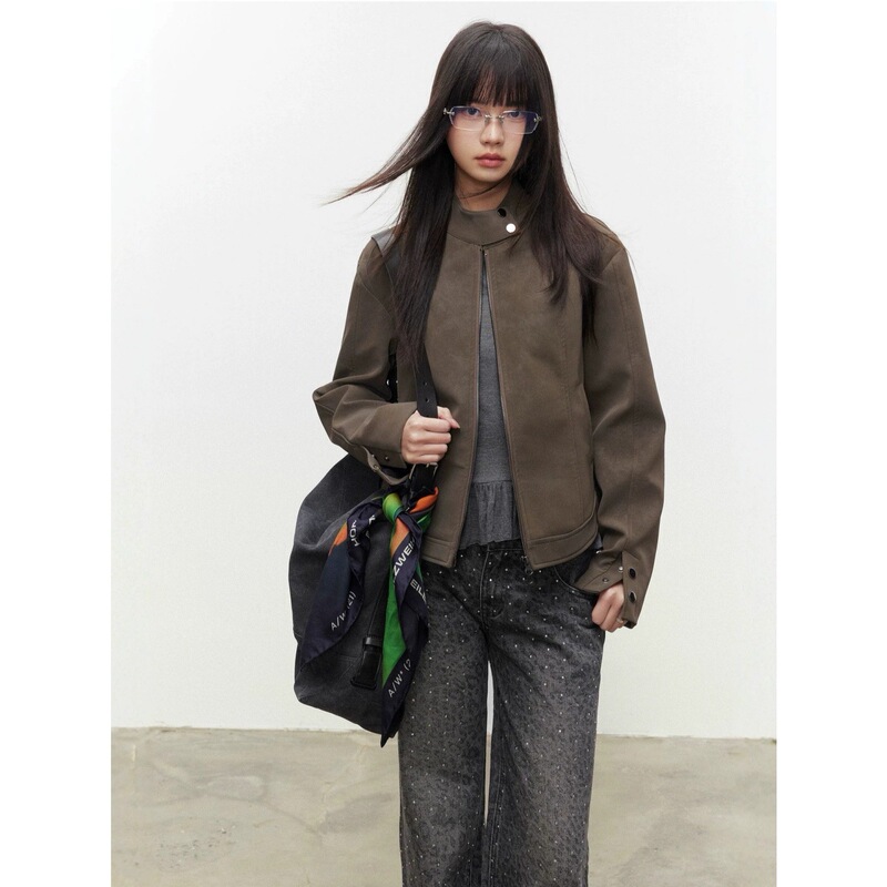 AUNP Vintage Gray-Green Brown Stand-Collar Slim-Fit Leather Jacket for Women, Autumn Slimming Versatile Short Leather Coat AUNP Vintage Gray-Green Brown Stand-Collar Slim-Fit Leather Jacket for Women, Autumn Slimming Versatile Short Leather Coat