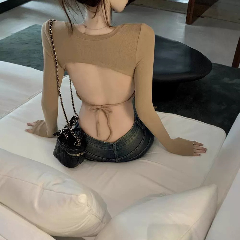 Pure Desire Sexy Big Backless Tight Short T-Shirt Women's Spring and Autumn Elegant All-match Exposed Waist Hem Strap Top