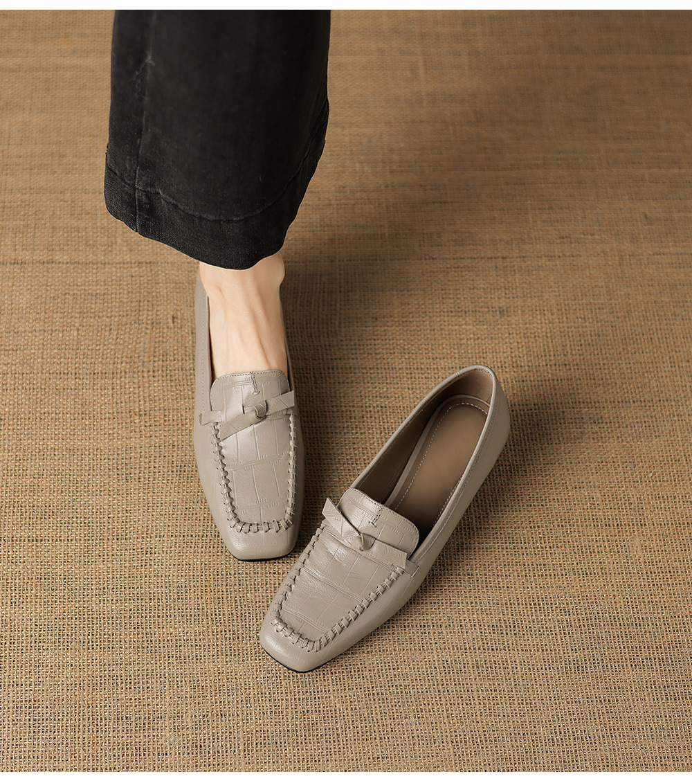 Giày lười nữ da cừu gót thấp 3 cm, mũi tròn dệt vintage, cổ sâu — đen chi tiết 5