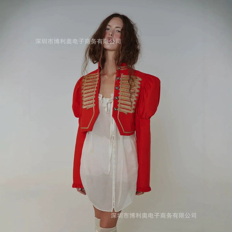 Cross-border retro court-style puff-sleeve short top for women, featuring a ruffled collar, ribbon detailing, and a cinched waist design Cross-border retro court-style puff-sleeve short top for women, featuring a ruffled collar, ribbon detailing, and a cinched waist design