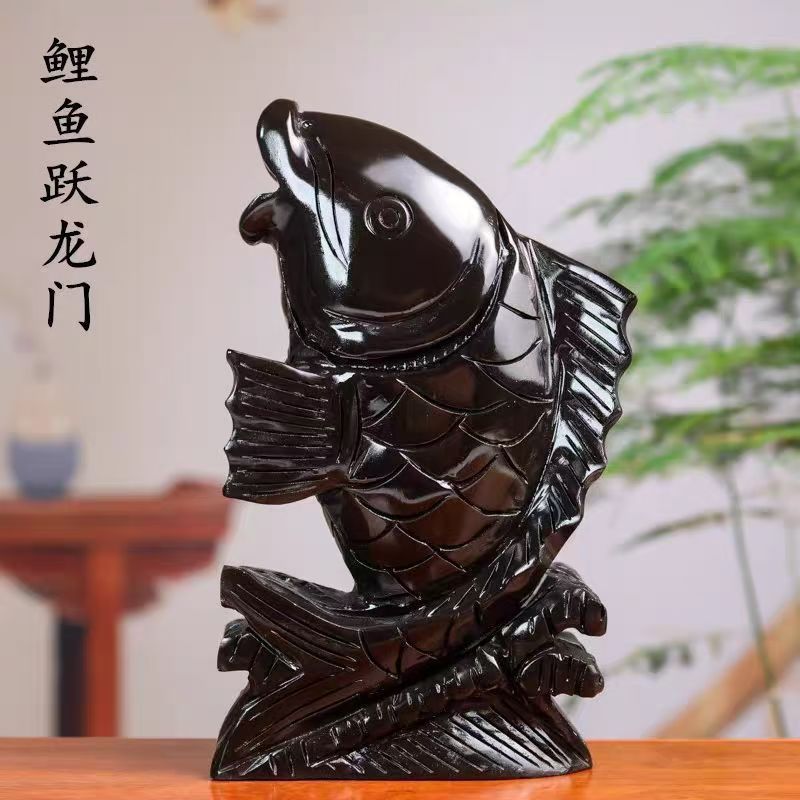 天然黑曜石鲤鱼跃龙门黑墨玉鲤鱼跳龙门摆件玉石年年有鱼家居摆件