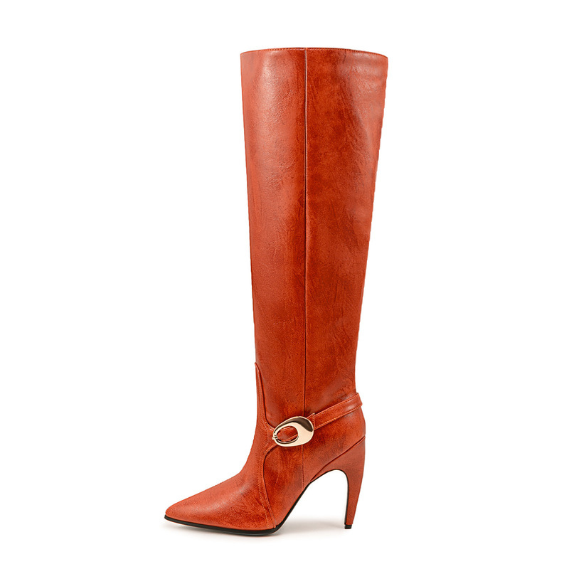 European and American Foreign Trade Metal Buckle Knee-High Boots with Pointed Toe, Size 47, Party Dance High Boots, Women's Riding Boots European and American Foreign Trade Metal Buckle Knee-High Boots with Pointed Toe, Size 47, Party Dance High Boots, Women's Riding Boots