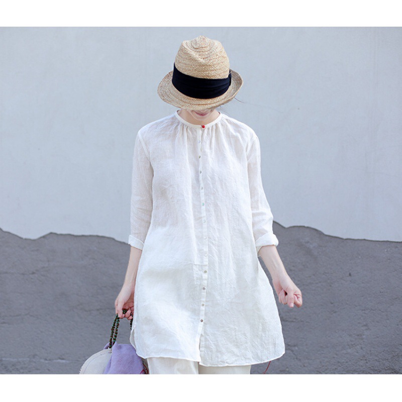 2024 Summer Linen Cardigan Lightweight White Round Neck Contrast Buckle Medium Loose Urban Sunscreen Shirt 2024 Summer Linen Cardigan Lightweight White Round Neck Contrast Buckle Medium Loose Urban Sunscreen Shirt