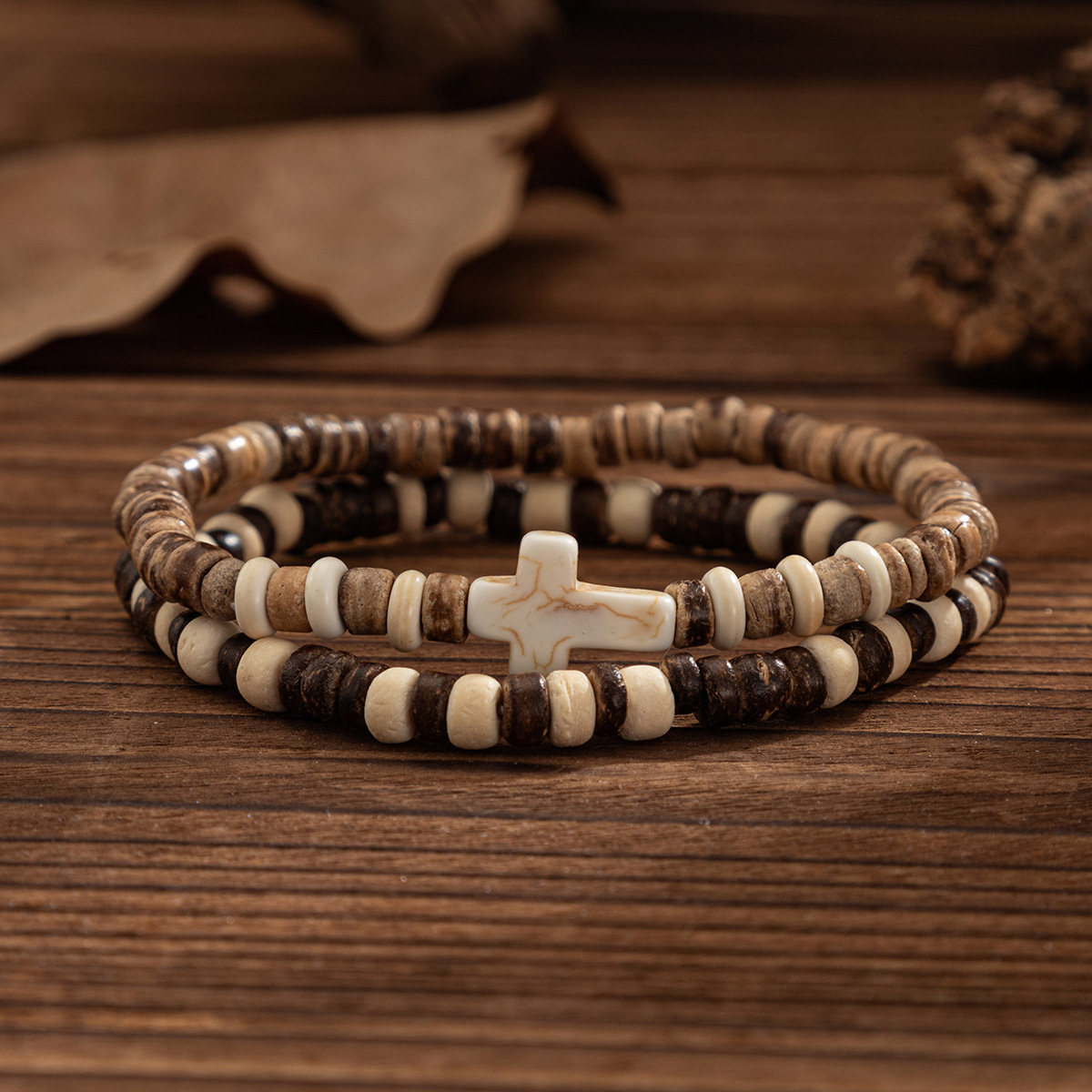 2 Pieces Quantity Holiday Occasion Vintage Style Round Wood Men's Bracelets Men Beaded Bracelets
