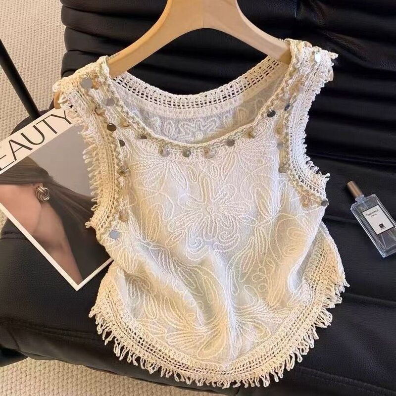 Crochet Hollow-Out Camisole for Women, New Summer Fashion Stylish High-End Top with Sequins, Sleeveless Blouse