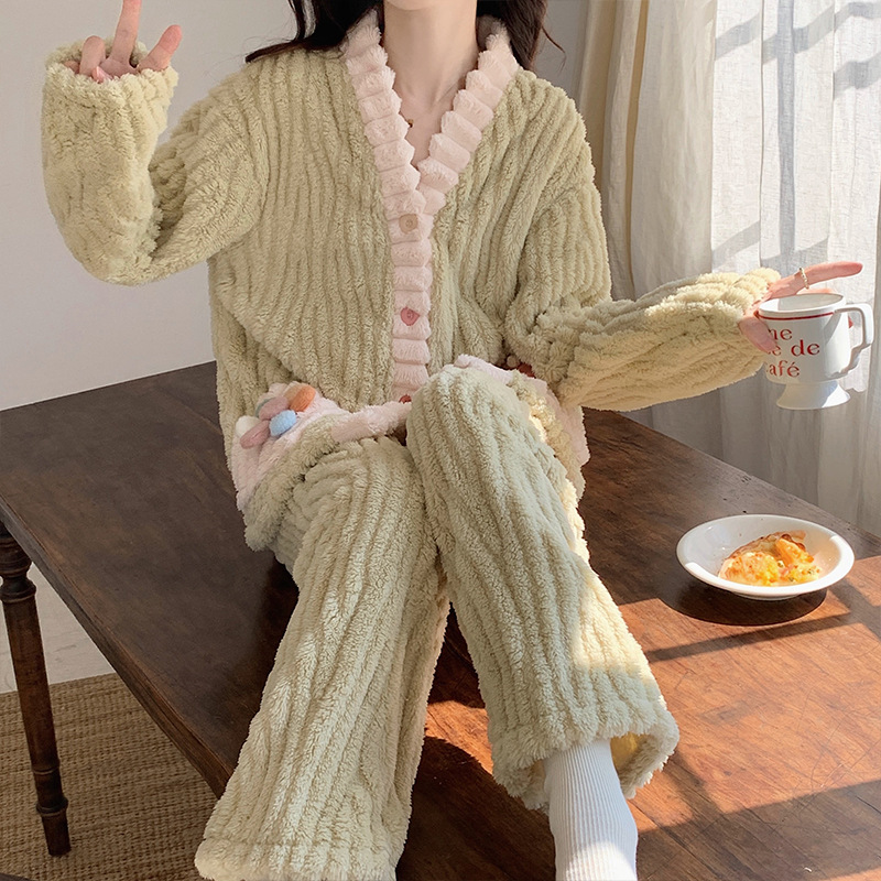 (2개) 한국식 잠옷 여성의 가을과 겨울 산호 양털 두꺼운 귀여운 달콤한 꽃 간단한 녹색 플란넬 홈 세트