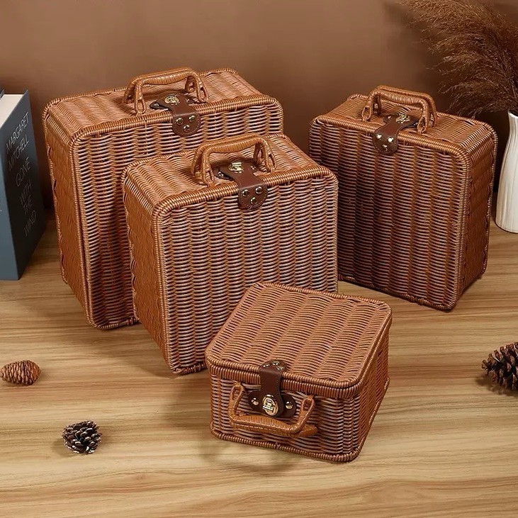 Tejido imitación de caña de bodas regalo de mano de alta calidad caja de almacenamiento cesta de picnic maleta retro caja de prensa fría antigua