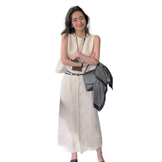 High-grade linen round neck sleeveless top women's summer new 2024 slim long A- line skirt two-piece suit