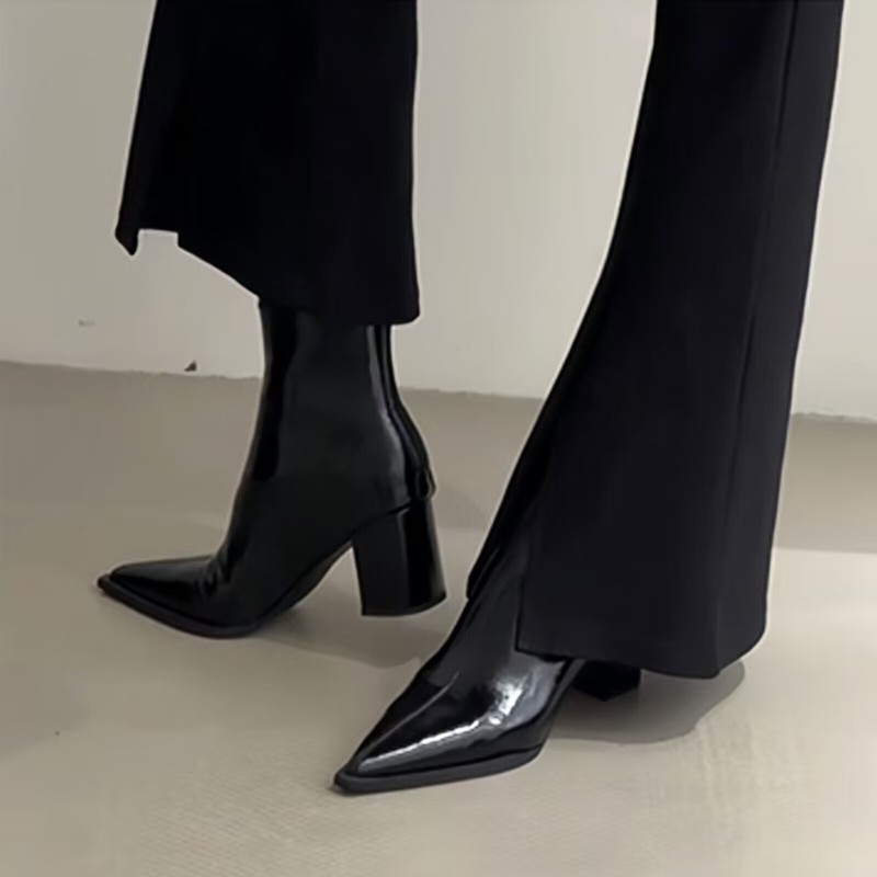 Brown High-Heeled Short Boots for Women, Glossy Back Zipper, Thick Heel, Slim Boots, Pointed Toe Ankle Boots, Autumn and Winter Velvet Boots Brown High-Heeled Short Boots for Women, Glossy Back Zipper, Thick Heel, Slim Boots, Pointed Toe Ankle Boots, Autumn and Winter Velvet Boots