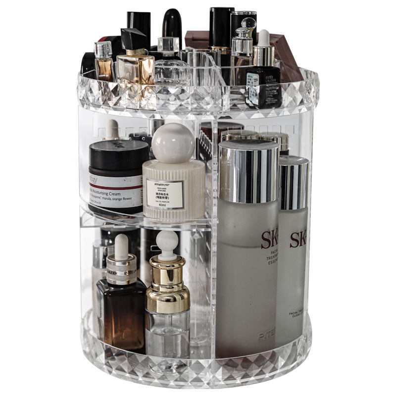 360 Rotación de productos de cuidado de la piel caja de almacenamiento de luz de lujo giratorio estante cosmético transparente estante de almacenamiento de escritorio