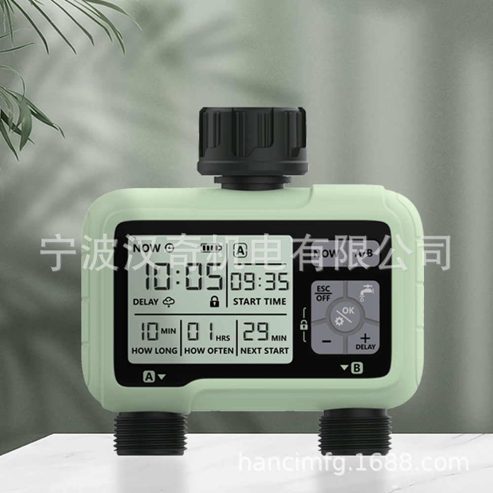 Regador automático de doble salida con pantalla grande, temporizador de doble canal, conector de metal, riego de jardín