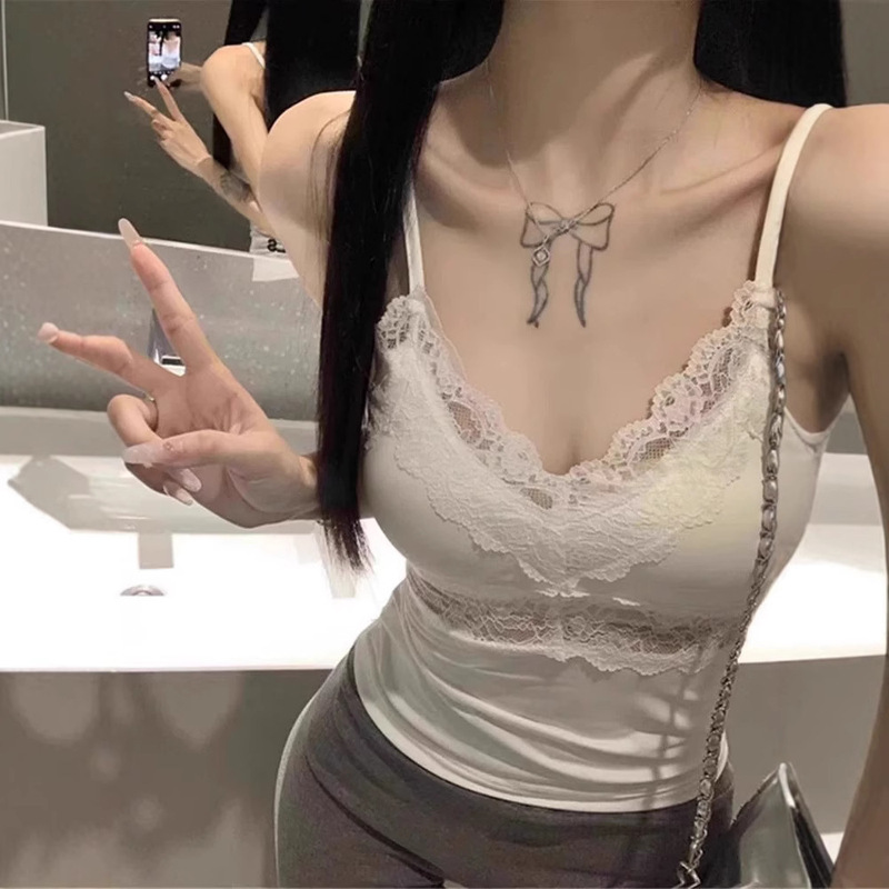 New Sling Lace Stitching Vest Design with Chest Pad Hot Girl V-neck Slim-fit Slimming Sleeveless Top New Sling Lace Stitching Vest Design with Chest Pad Hot Girl V-neck Slim-fit Slimming Sleeveless Top