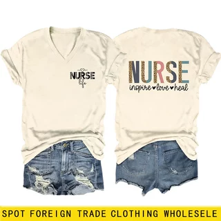 欧美新款双面印花V领短袖Nurse inspire love heal个性字母女T恤