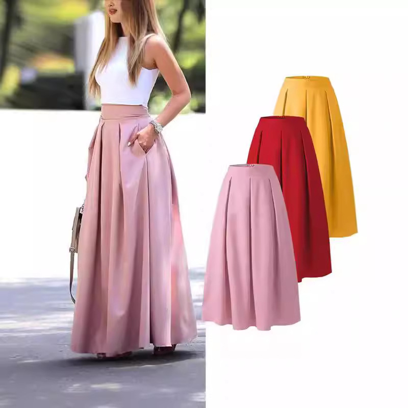 European and American Foreign Trade Cross-border plus size Solid Color OL Skirt Women's Spring and Summer Fashion High Waist Skirt Pleated Long Skirt