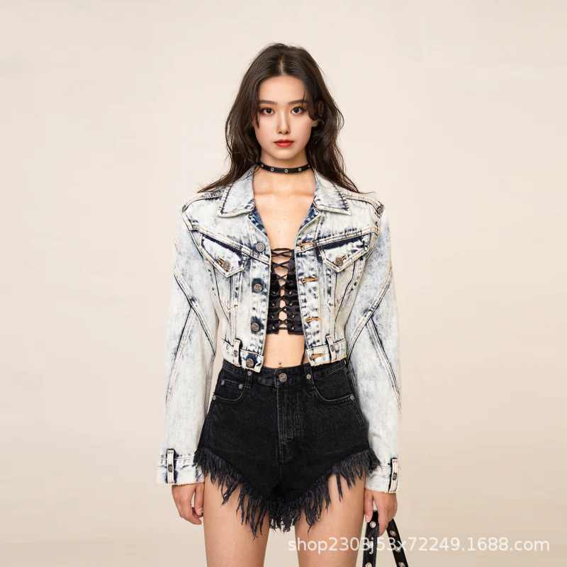 Smfk Wilderness Motorcycle Denim Short Jacket Black Snowflake Washed Wide-Shoulder Coat New Slim Fit Denim Short Jacket