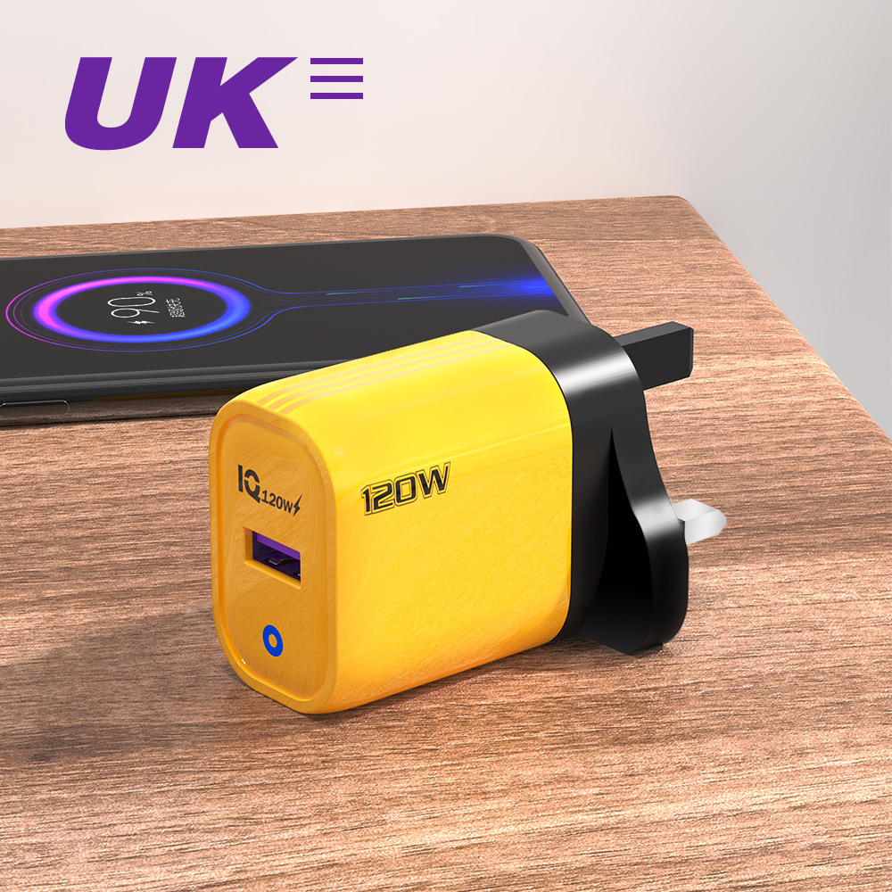 Cargador de protocolo completo USB único para teléfono móvil de 120W, cabezal de carga rápida estándar europeo y americano, puerto USB-A, adaptador para electrodomésticos pequeños