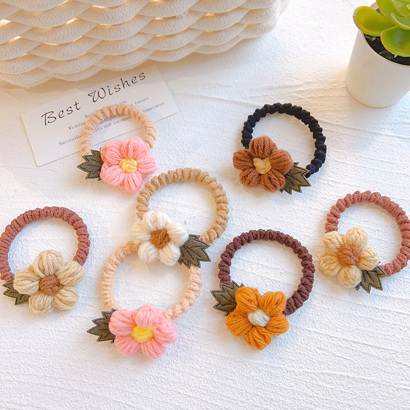 Caramel Color Wool Knitted Flower Hair Ring Korean Style Girl Pleated Hair Ties Elastic Rubber Hair Accessories
