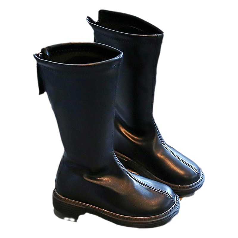 Girls' Leather Boots 2025 Autumn and Winter Korean Style Long Boots with Cotton Lining, Non-Slip Soft Sole, High Boots for Older Children