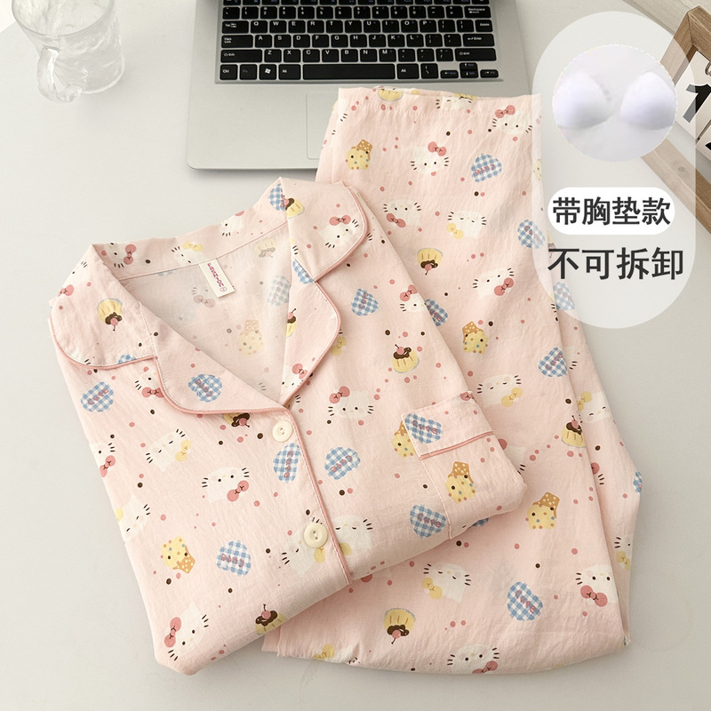 带胸垫一体甜美樱桃睡衣女春秋款云朵纯棉纱可外穿开衫家居服夏季|undefined