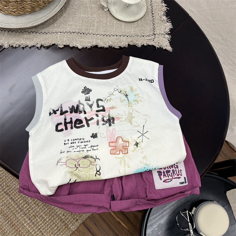 韩国童装儿童夏装纯棉宝宝背心套装男童涂鸦坎肩短裤两件套洋气潮
