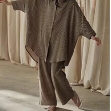 直播云朵棉睡衣女春秋慵懒风宽松条纹薄款七分袖衬衫家居服厂家批