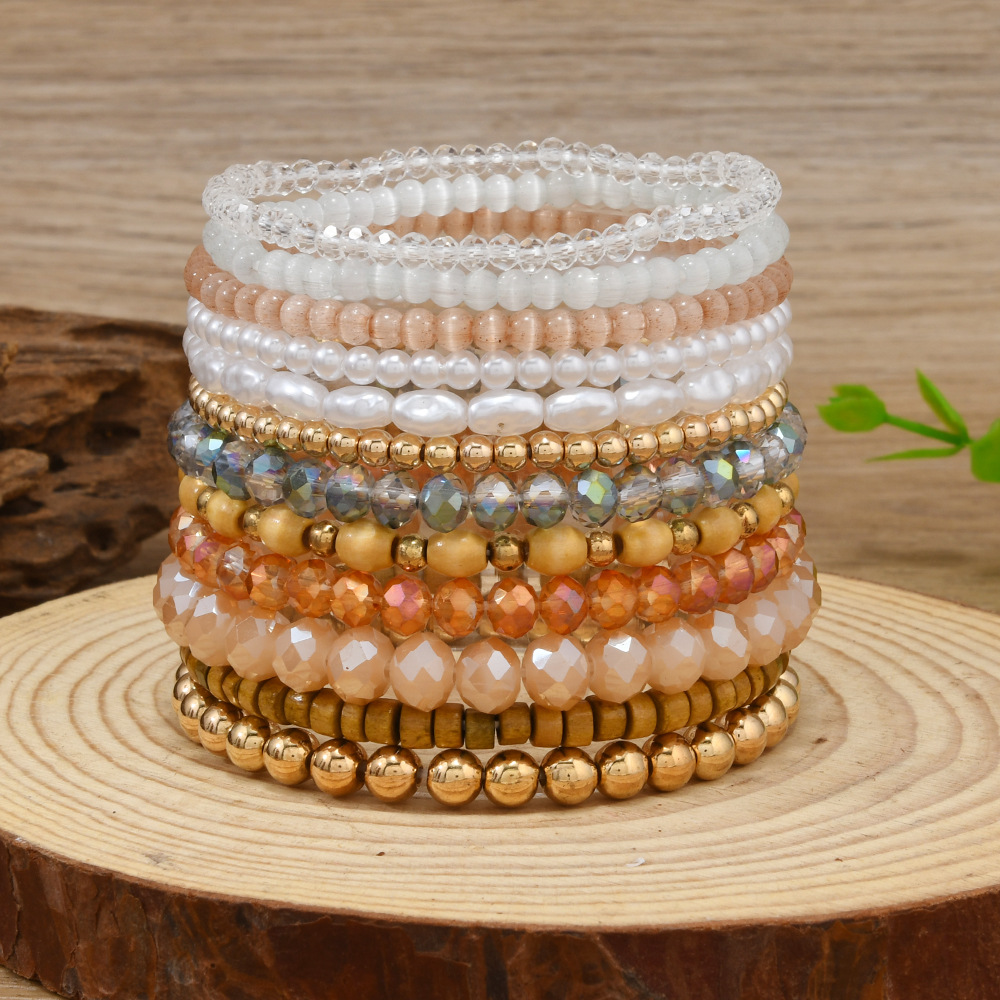跨境Temu爆款个性时尚水晶手链七彩米珠波西米亚叠戴天然水晶