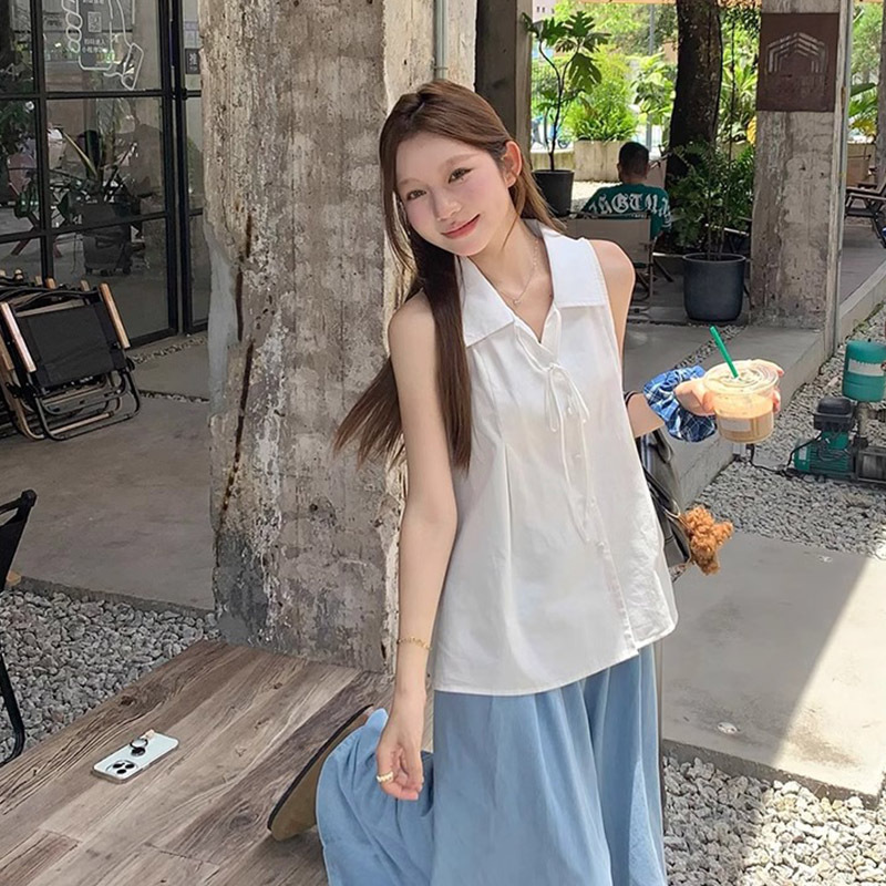 法式白色无袖背心衬衫女夏季设计感小众绝美衬衣娃娃衫气质上衣|undefined
