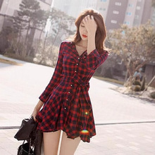 夏天韩国设计感小个子女装修身长袖红色格纹连衣裙气质衬衫裙子