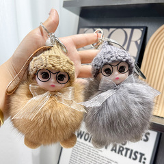 True Fox Fur Big Eye Doll Car Keychain Pendant Cute Plush Bear Doll Bag Hook Decor Cartoon Girl