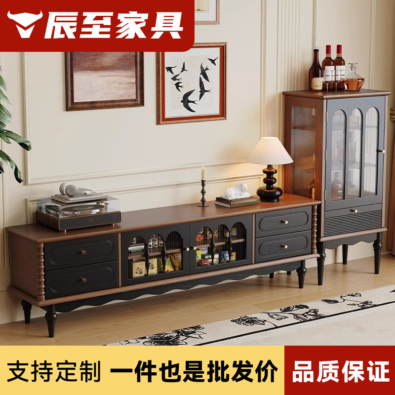 Retro Solid Wood TV Cabinet 2025 New Living Room TV Cabinet Combination French Home Storage Cabinet Integrated