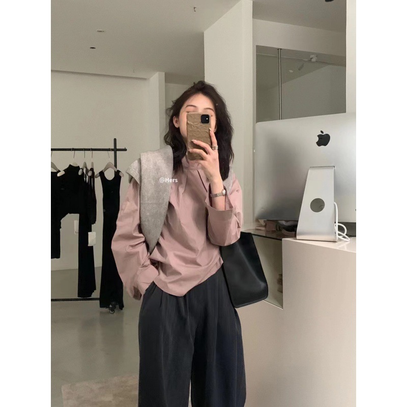 Hers Early Spring New Double Wear Salt Sweet Loose Chic Design Long Sleeve Shirt Outer Top