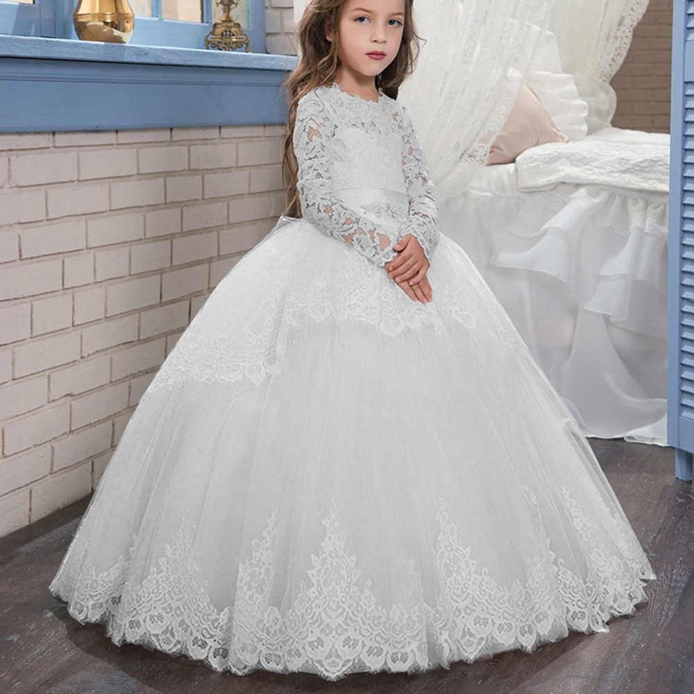 Comercio exterior transfronterizo nuevo encaje doble manga larga invierno bola flor chica pettiskirt vestido de novia entrega de una sola pieza