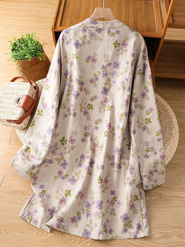 New Chinese-Style Diagonal Collar Buttoned Printed Cotton-Linen Dress for Women, Autumn Mid-Length Zen-Inspired Qipao Dress Robe Top