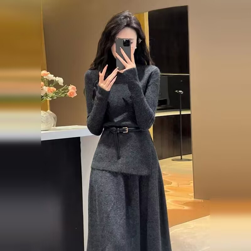 羊毛针织套装裙女2025秋冬高级感慵懒风加厚毛衣包臀短裙时尚两件|undefined
