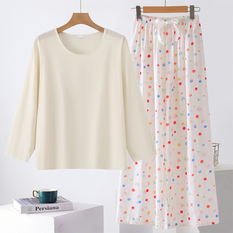 Middle-Aged Women's Long-Sleeved Cotton Silk Pajamas, New Style Solid Color T-Shirt, Wide-Leg Pants, Thin Rayon Home Wear That Can Be Worn Outside Middle-Aged Women's Long-Sleeved Cotton Silk Pajamas, New Style Solid Color T-Shirt, Wide-Leg Pants, Thin Rayon Home Wear That Can Be Worn Outside