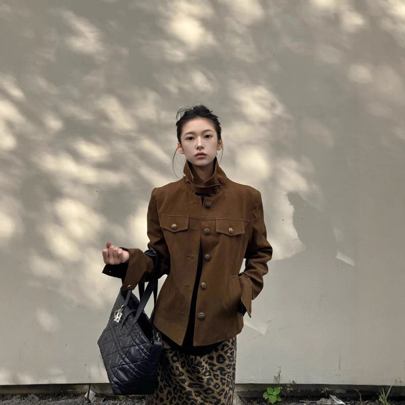 Retro Casual Workwear Stand Collar Design Short Jacket for Women 2025 Autum New Ins Slim Versatile Jacket Top