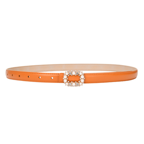 New women's leather belt with pearl and water drill round buckle decoration, versatile women's genuine leather smooth buckle belt, wholesale