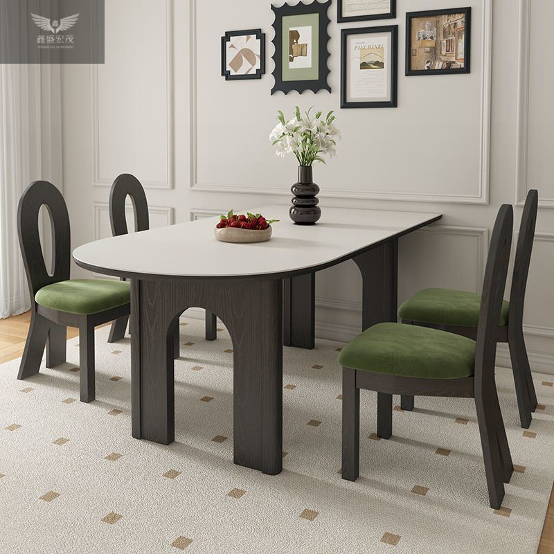 Mesa y silla de comedor de madera sólida medieval, mesa de comedor retro francesa, mesa de comedor de isla semidonda, mesa de comedor contra la pared