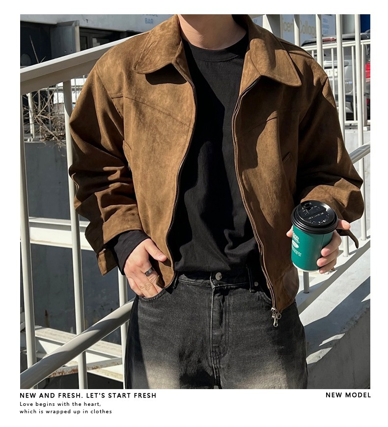 Maillard amerikai barna kávébarna velúr kabátot visel, férfi tavaszi és őszi vintage rövid repülőkabátot_voghion.com