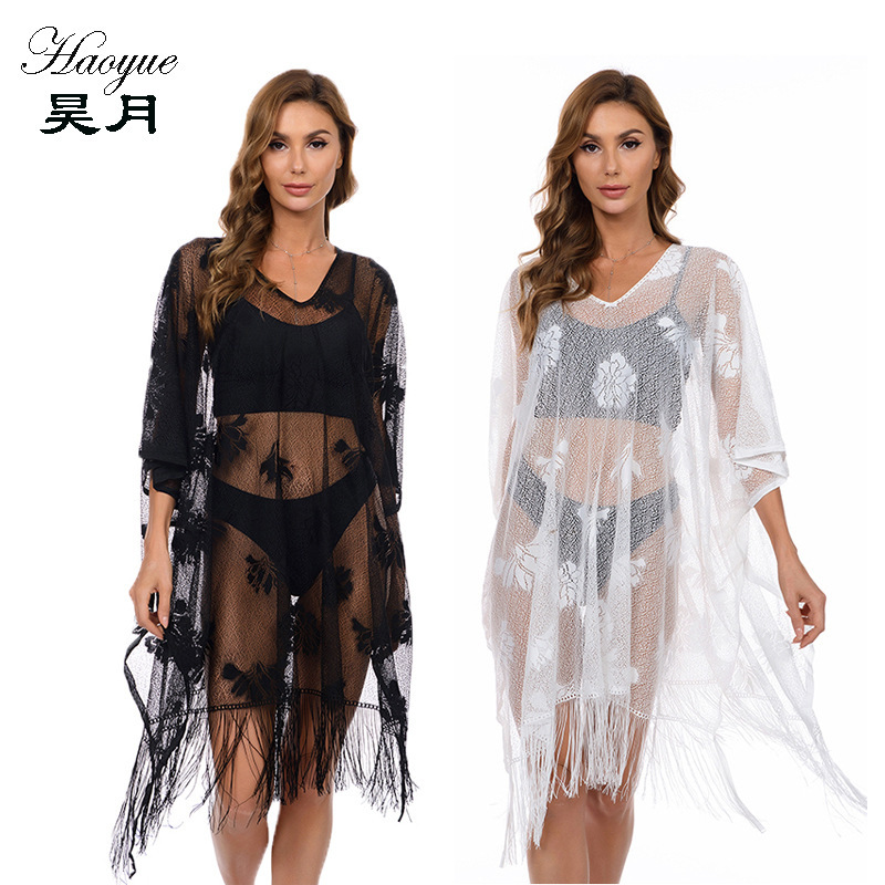 Women's Beach Swimwear Blouse Crochet Pullover Blouse Black Lace Transparent Skirt Summer Bikini Sunscreen