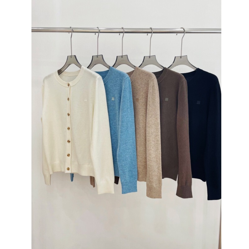 100% Wool Swedish Design Ac Brand Face Logo Smiley High-Fashion Ribbed Crew Neck Button Knit Cardigan