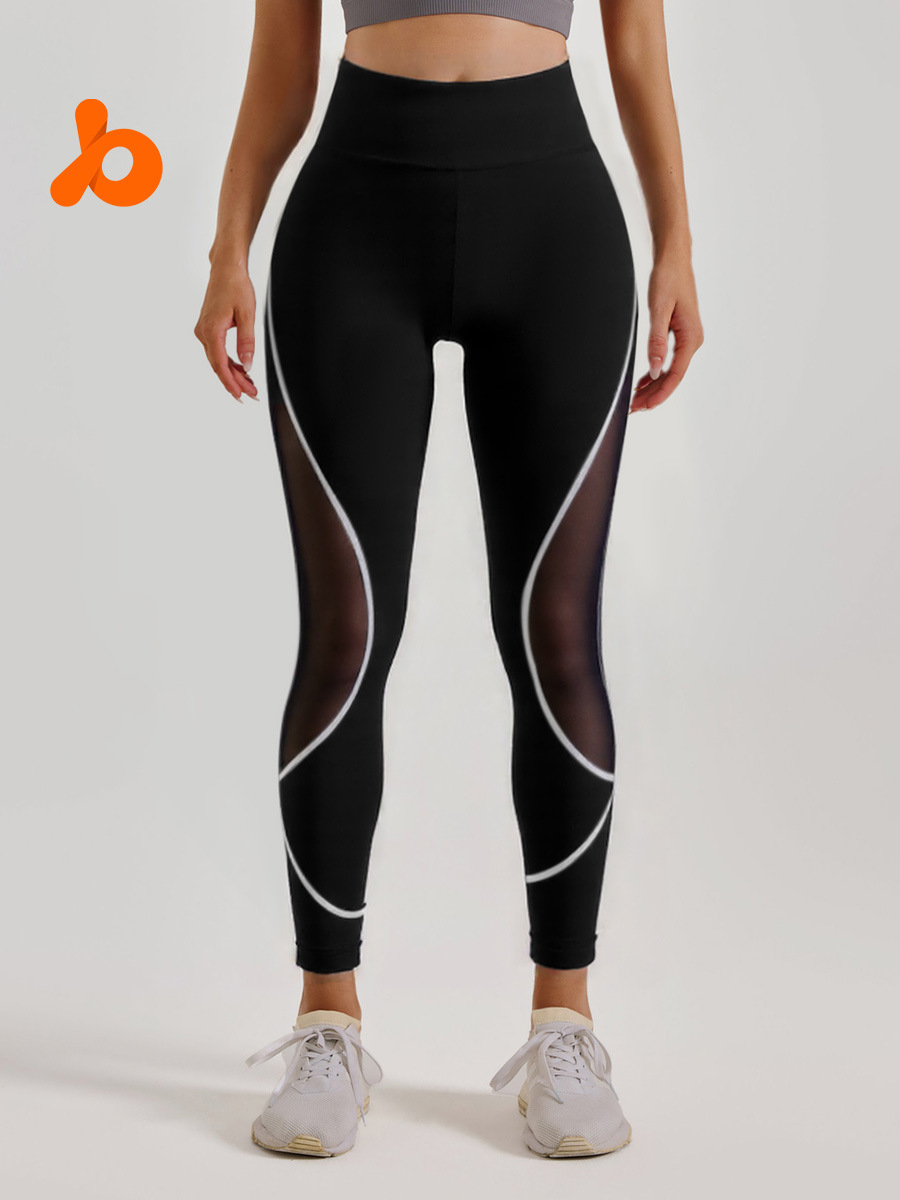 Pantalones de yoga de malla con bloques de color, estilo europeo y americano, de cintura alta, levanta glúteos, para correr, deportivos, largos, para mujer