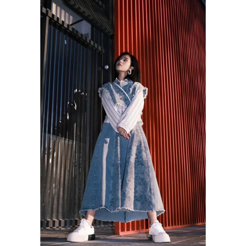 时尚汉元素套装女秋冬国风盘扣牛仔马甲衬衫半身裙子新中式三件套|undefined