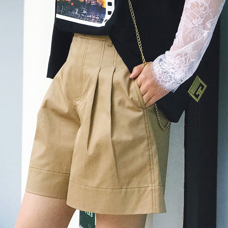 Quần short nữ cạp cao ống rộng dáng suông chất vải mỏng mùa hè — Màu đen chi tiết 6