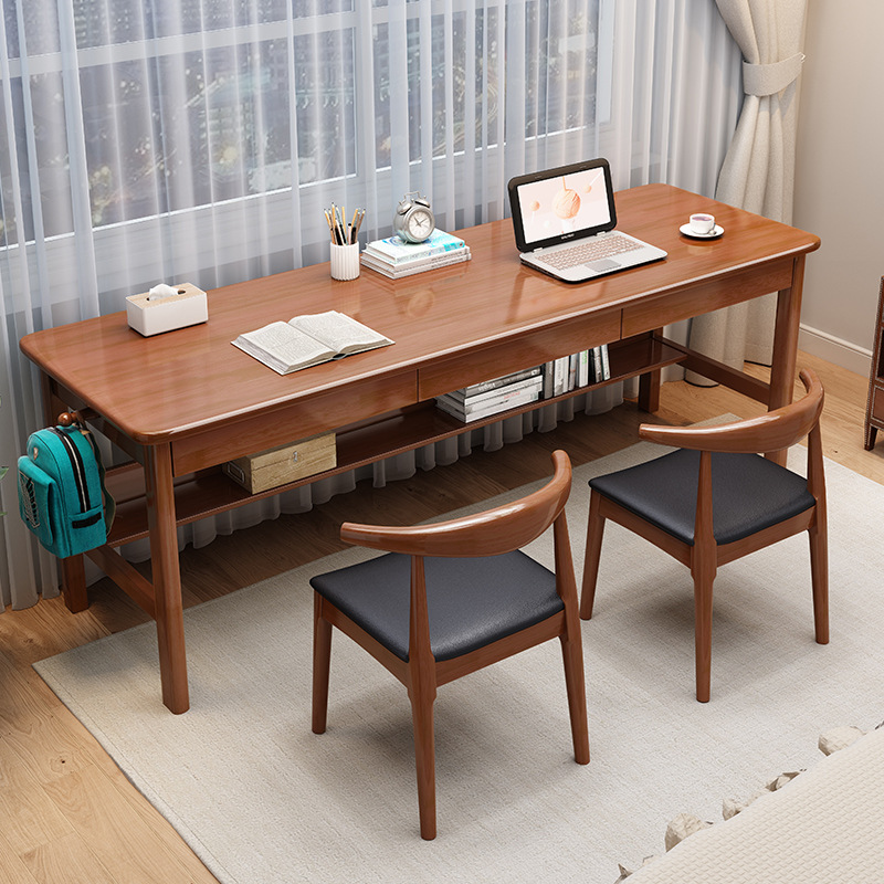 Solid Wood Double Desk Home Office Study Long Table Student Writing Desk Bedroom Wall-Mounted Office Computer Desk