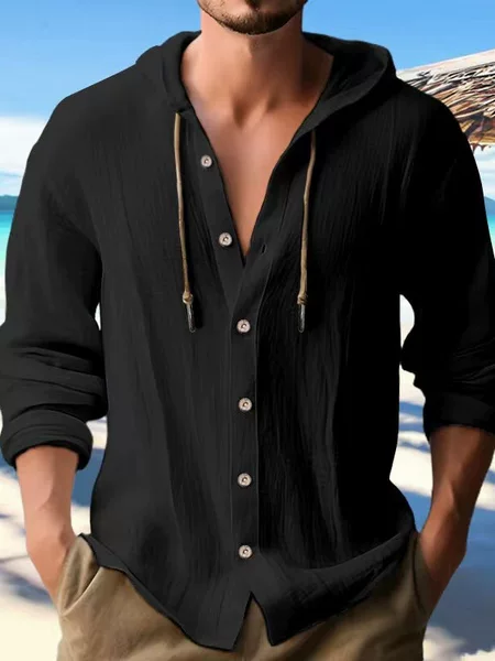 Cross-Border Amazon 2025 New Fashion Spring and Summer Men's Hooded Shirt Pure Color Cotton and Linen Casual Long-Sleeved Tops.