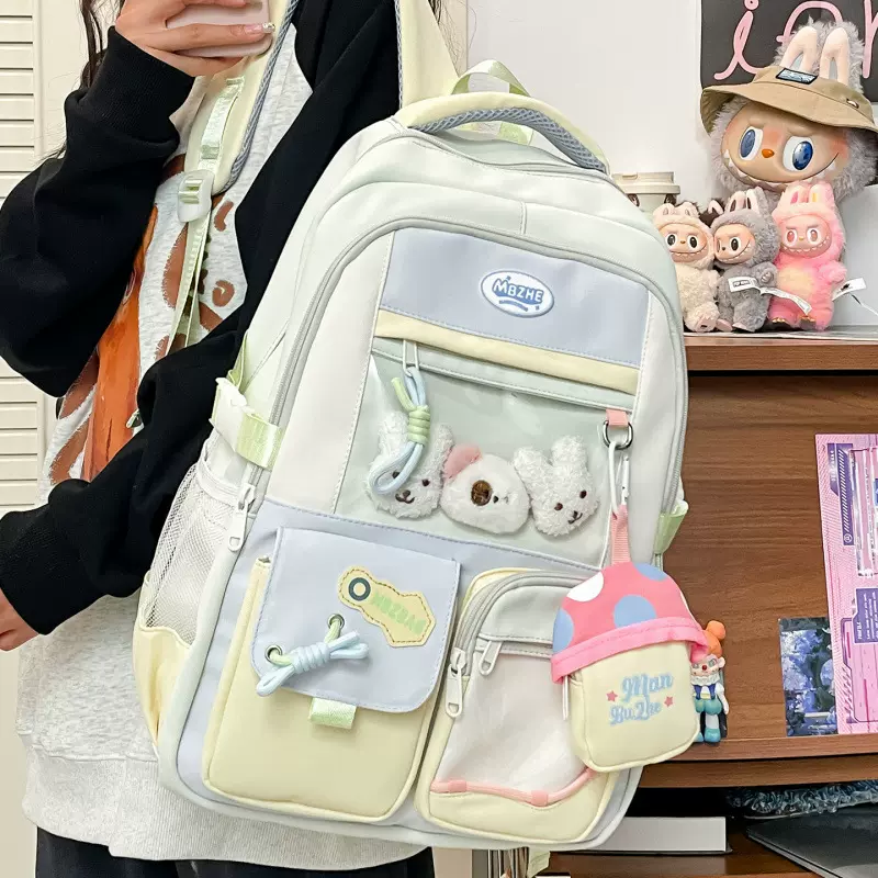 韩系甜美背包女初中生日系吧唧痛包大容量书包高颜值学生双肩包潮