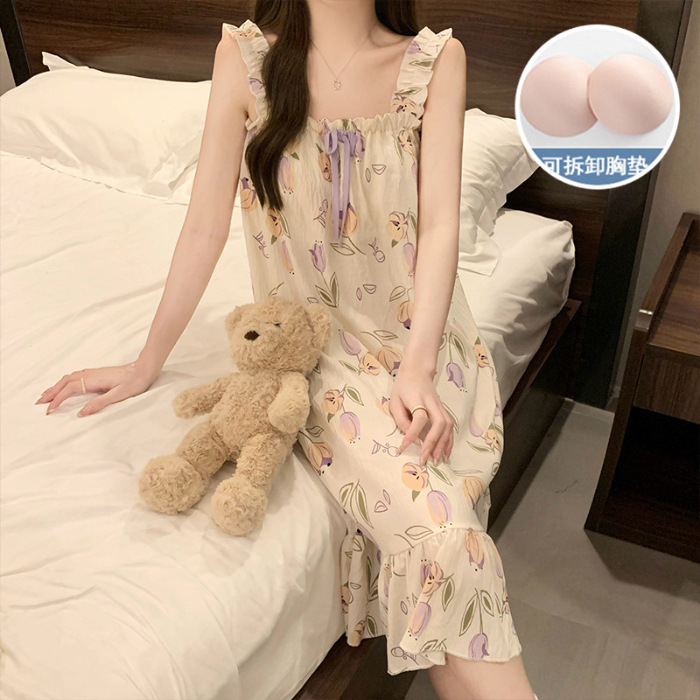 2024 transfronterizos verano esling vestido de pijama de tela de gancho de mujer cojín de pecho dulce se puede usar vestido largo ropa para el hogar