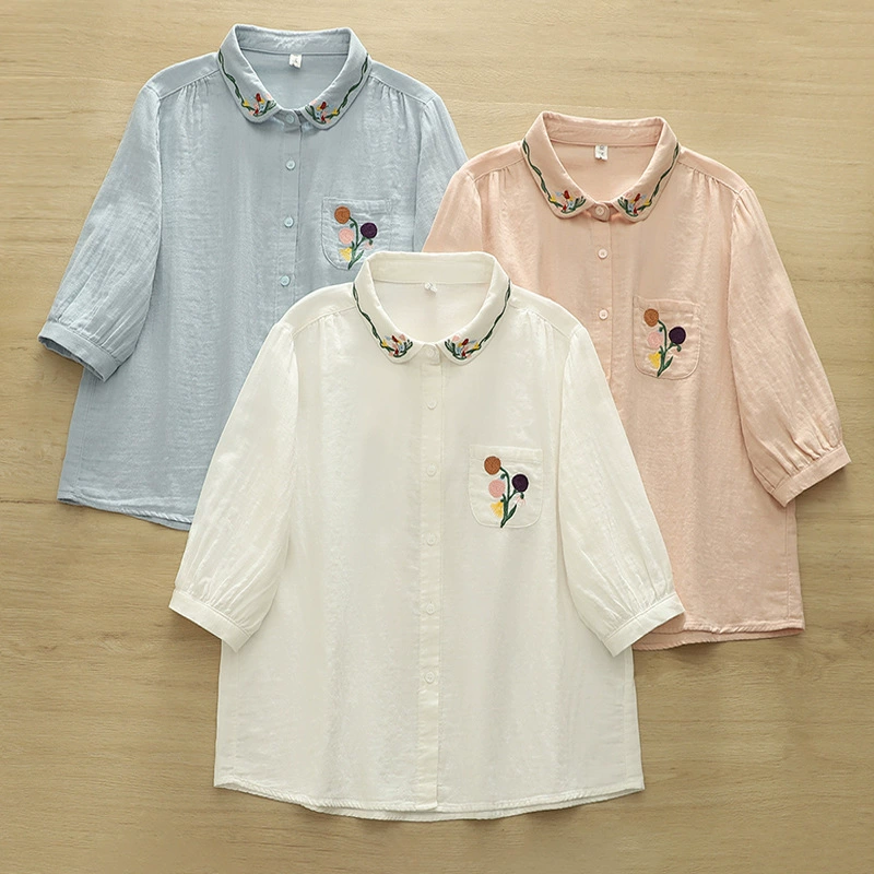 Японский женский мультяшный воротник карман с вышивкой цветок двухслойная пряжа кожи хлопчатобумажная женская рубашка с короткими рукавами оптом